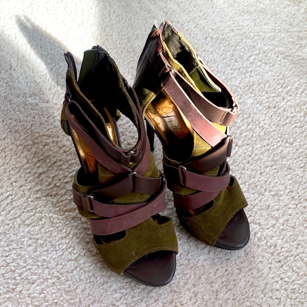 Size 6.5 Fergie safe and brown caged heels